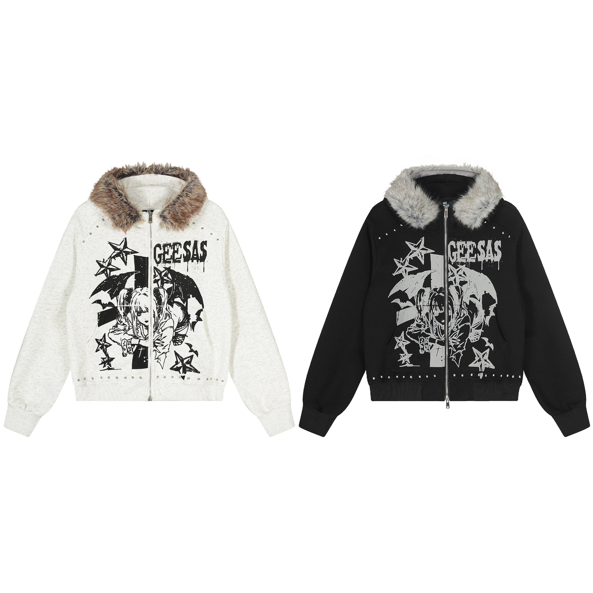 Off-white cropped zip hoodie with faux-fur collar, anime graphic print, star motifs, and silver stud hem detailing