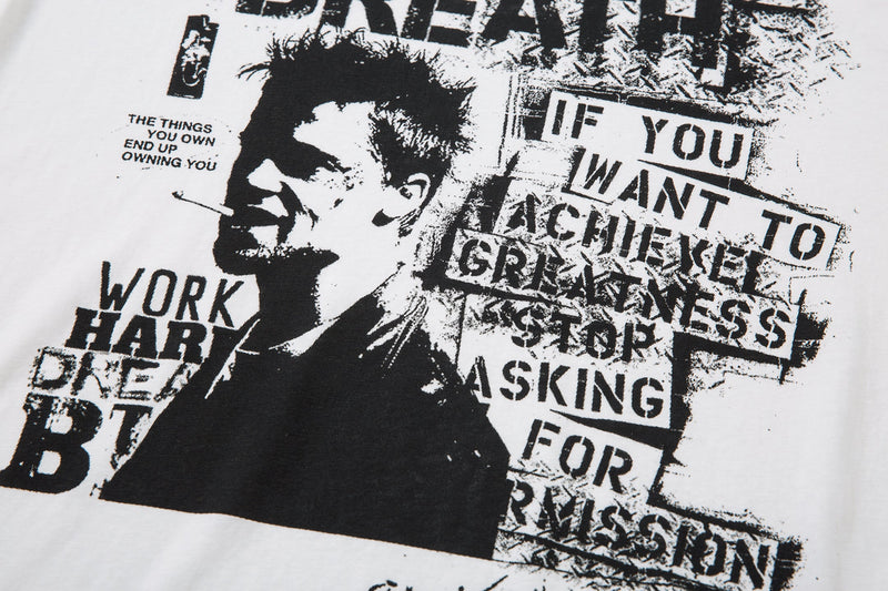 Front graphic close-up showing black portrait and distressed text on white long sleeve tee
