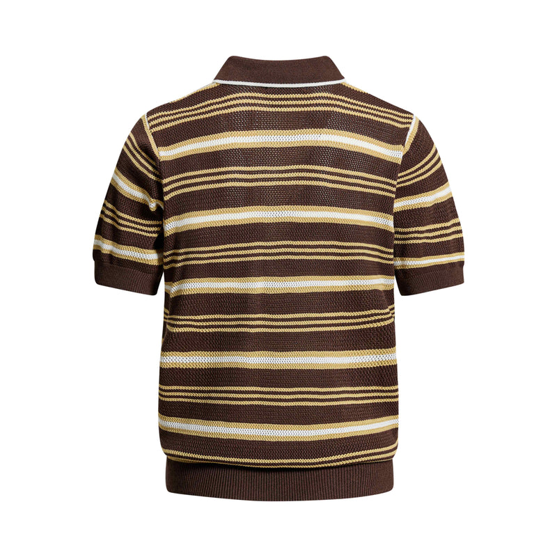 Brown knit polo shirt with cream and yellow retro stripes, short sleeves, and ribbed collar on a white background