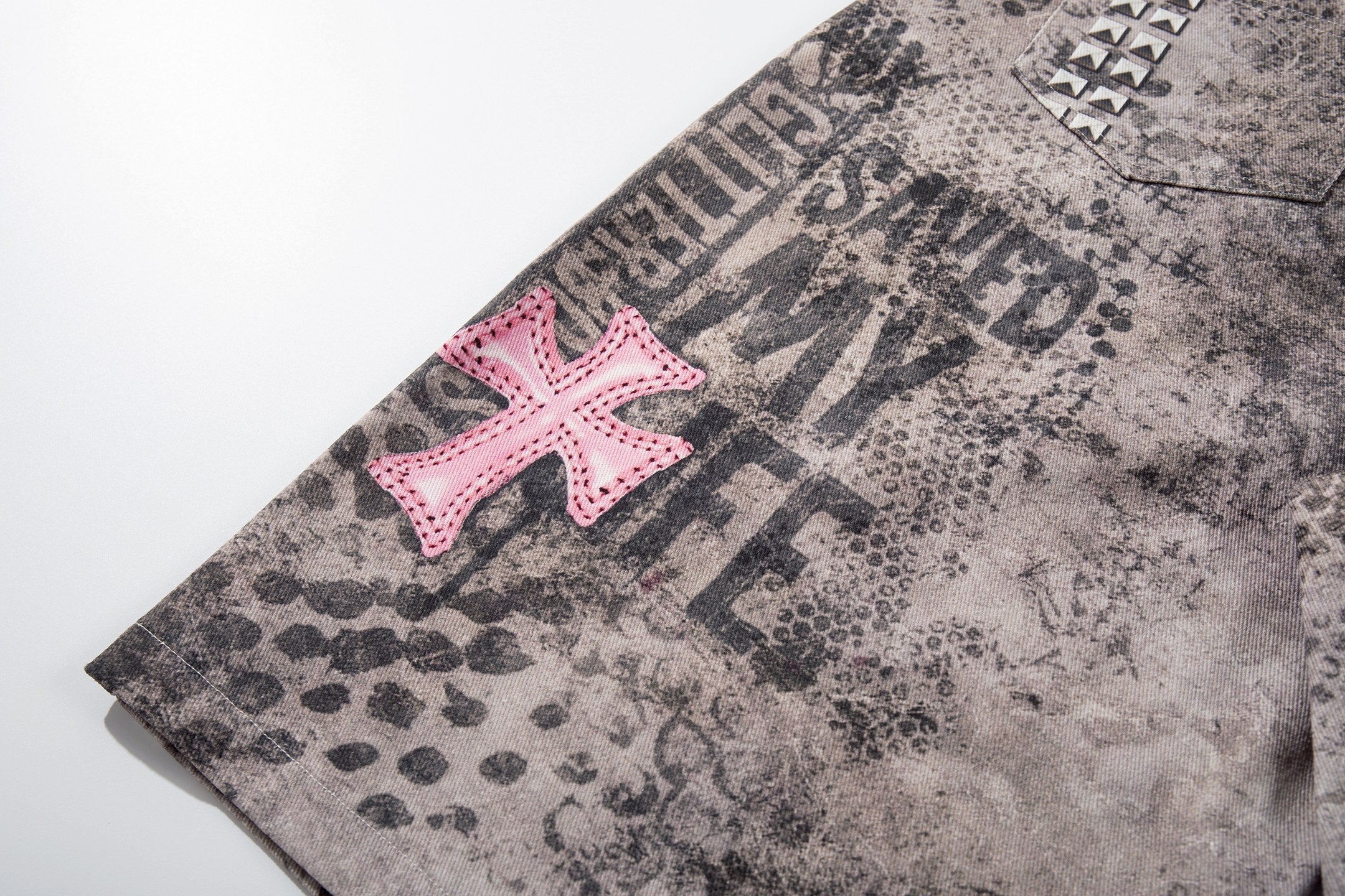 Grunge Cross Patch Washed Denim Shorts | Streetwear