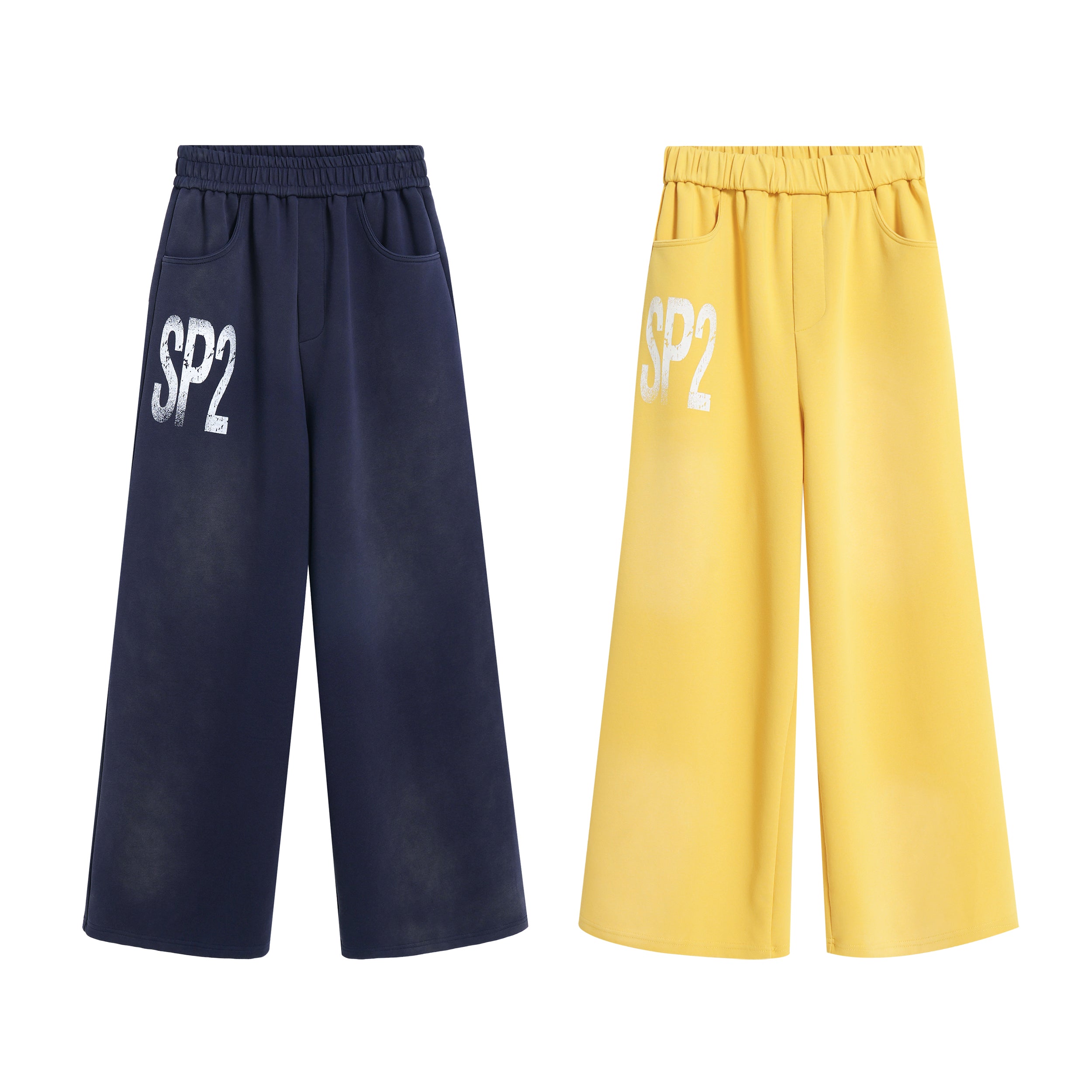 Omirad SP2 wide-leg sweatpants in navy blue and yellow with white SP2 graphic print on white background