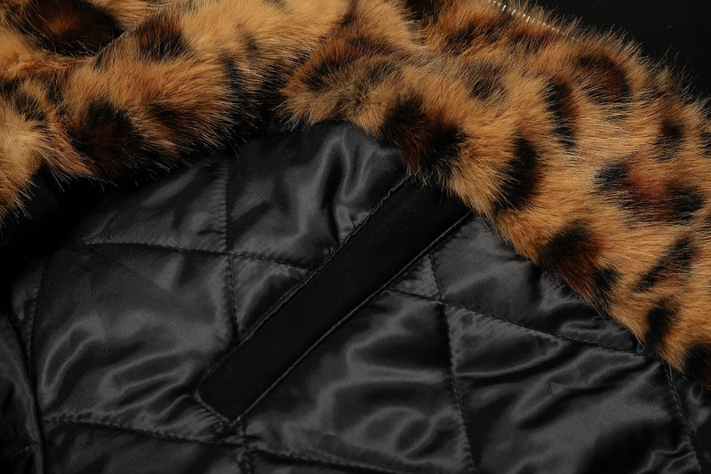 Leopard Faux Fur-Lined Bomber Jacket with Bear Ear Hood