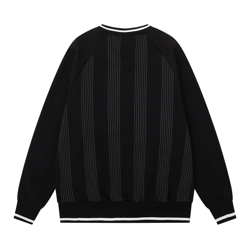 Back view of black varsity sweatshirt with vertical pinstripes and striped collar