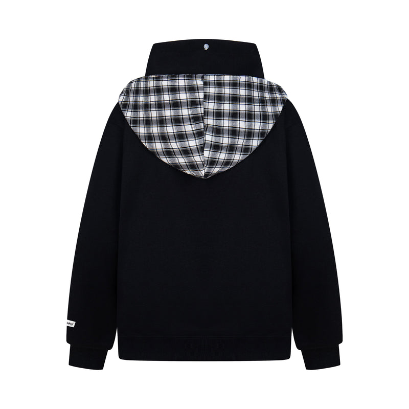Back view of black hoodie with black-and-white plaid hood and scarf panel