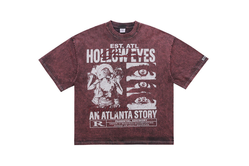 Vintage washed maroon graphic tee with Hollow Eyes Atlanta Story print and oversized distressed front design