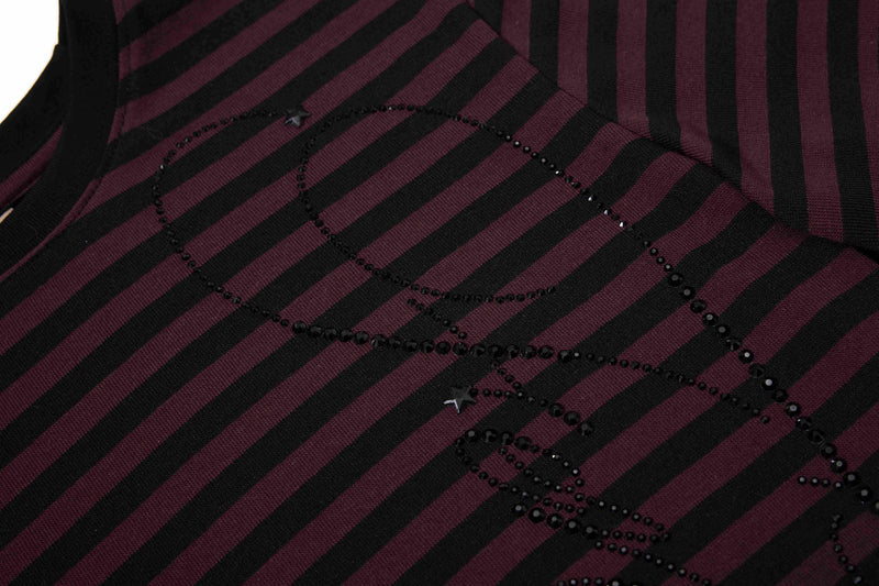 Black and burgundy striped tee with rhinestone Gothic script detailing across the chest