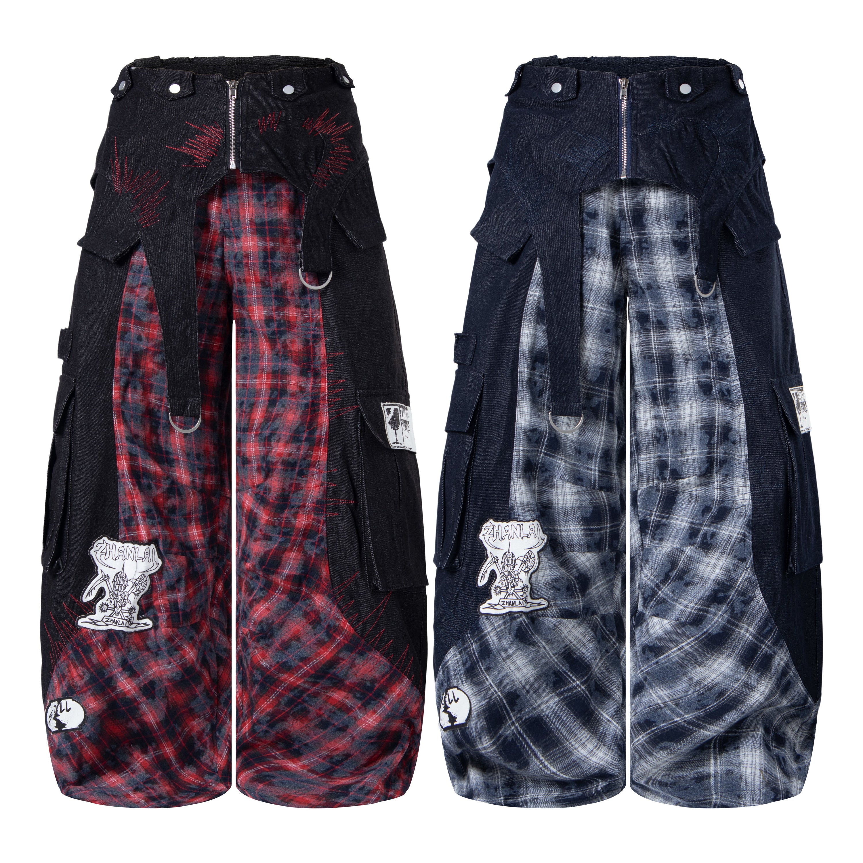 Black denim layered wide-leg pants with red tie-dye plaid panels, cargo pockets, and punk embroidered details