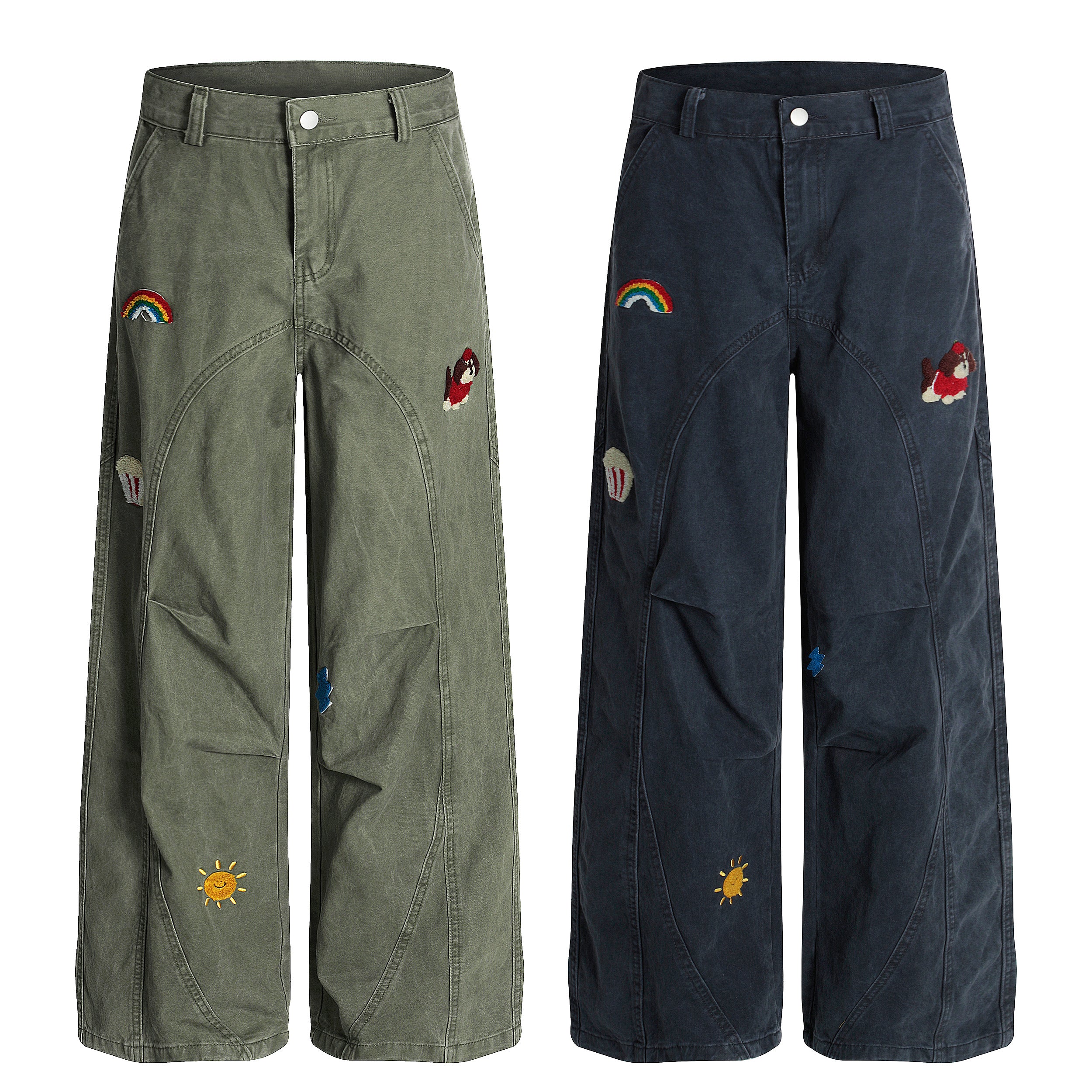 Army green and navy wide-leg pants with rainbow, sun, dog, and cupcake embroidered patches shown side by side