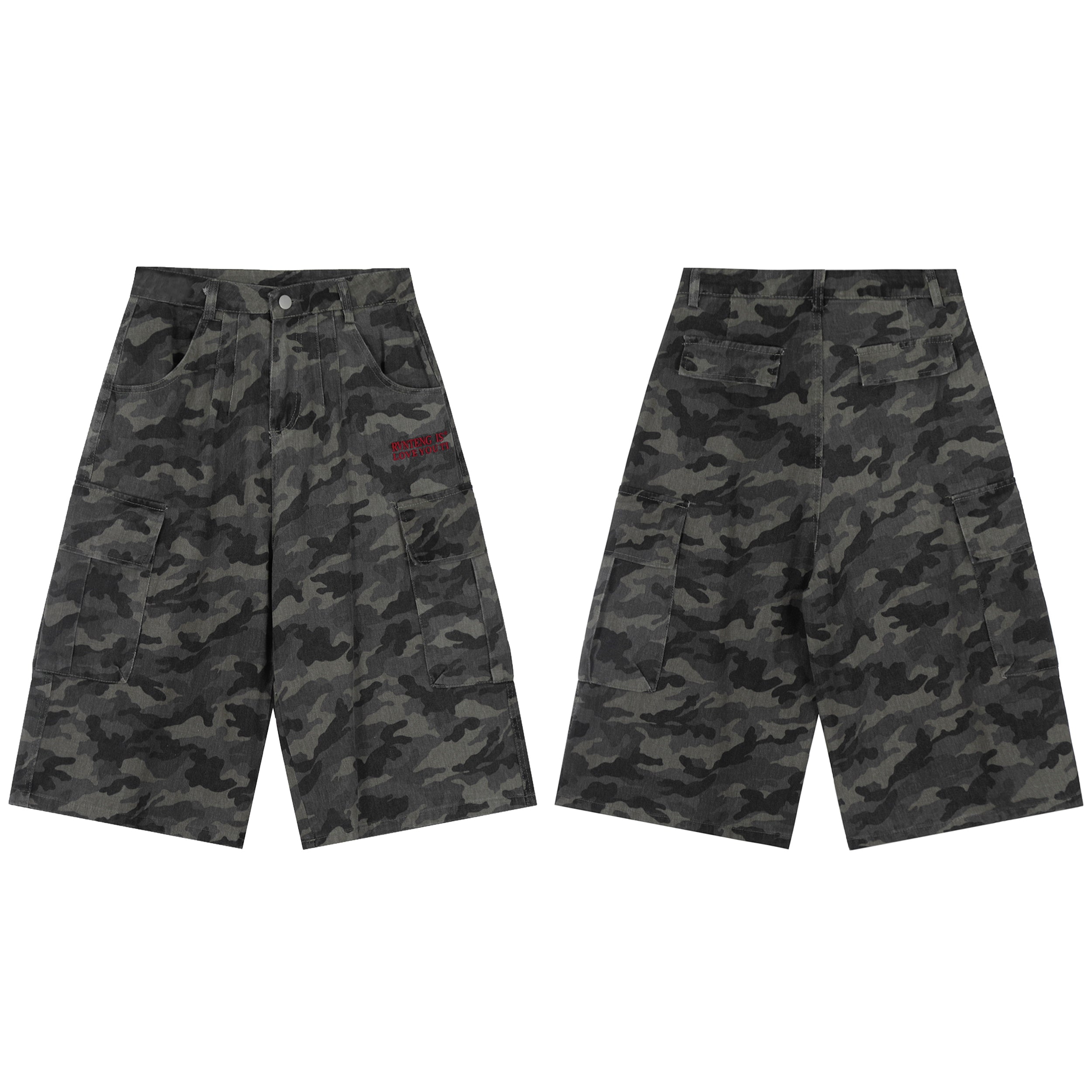 Front and back view of dark grey camo wide-leg cargo shorts with dual cargo pockets and red embroidery