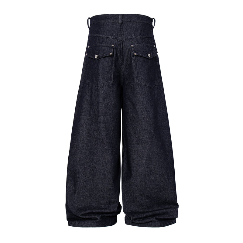 Back view of dark indigo wide leg denim pants with flap back pockets and high waistband