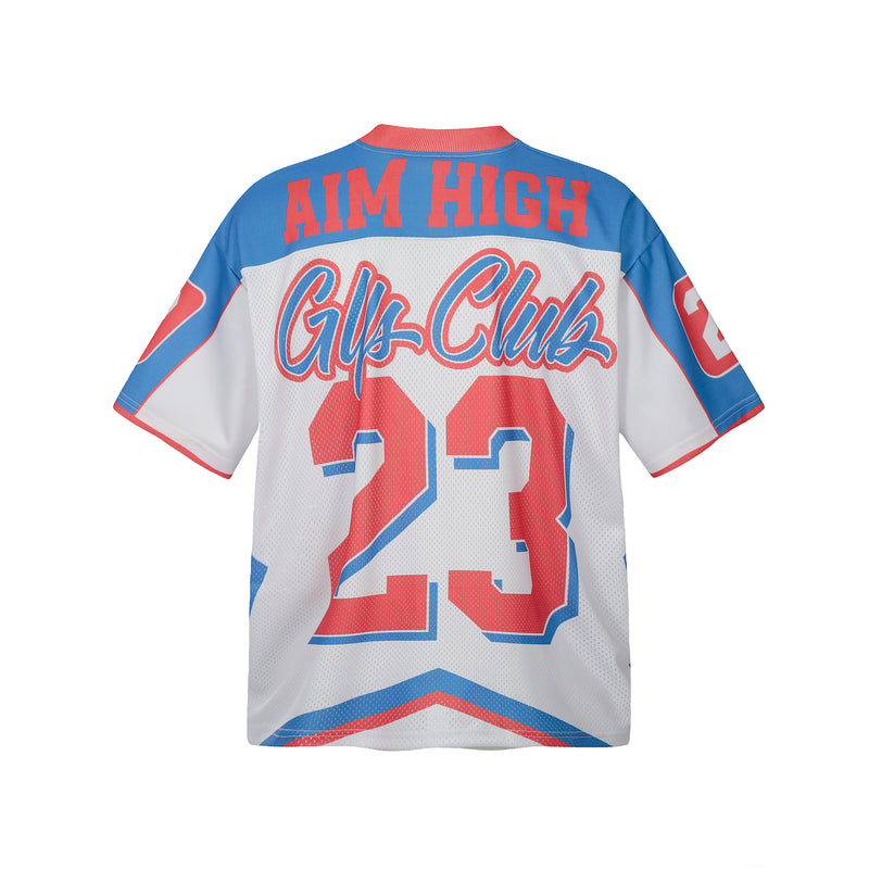 Retro colorblock football jersey with AIM HIGH, Glfs Club and number 23 on a white mesh streetwear design