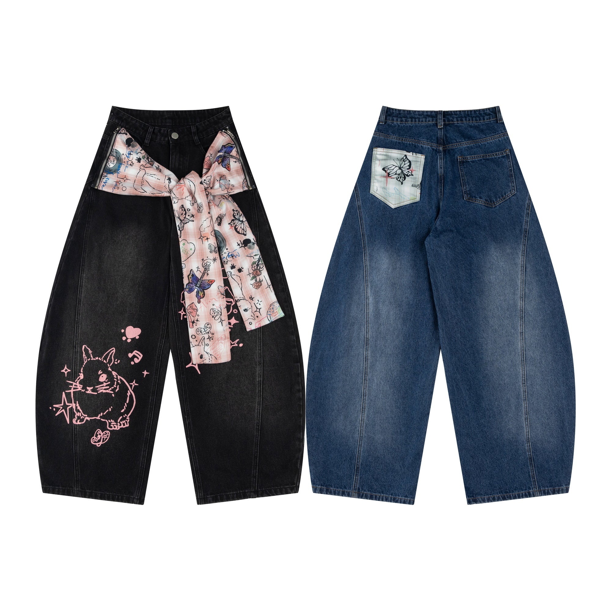 Black and blue wide-leg curved jeans with bunny graphic print and detachable illustrated bow scarf, shown front and back