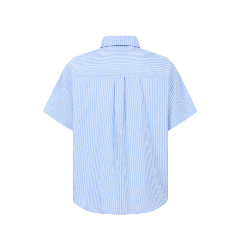 Light blue striped short-sleeve shirt, back view
