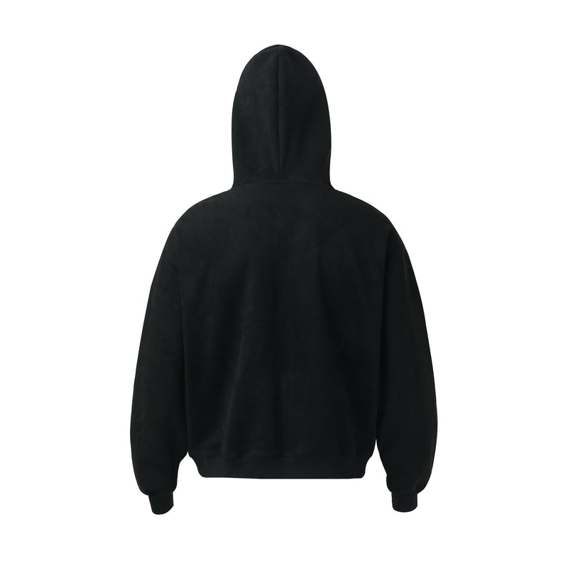 Black hoodie back view with plain suede finish and hood up
