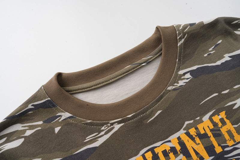 Close-up of ribbed crew neck on olive camo layered long sleeve tee with gray inner collar