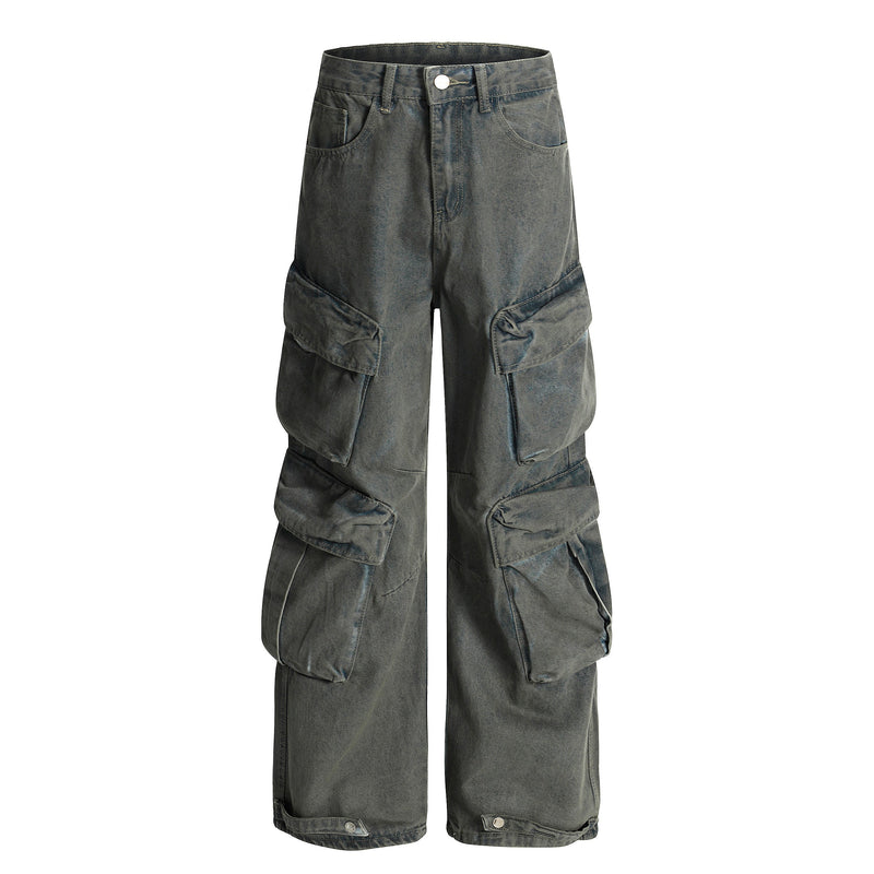 Dark washed wide-leg cargo denim pants, front view with large flap pockets