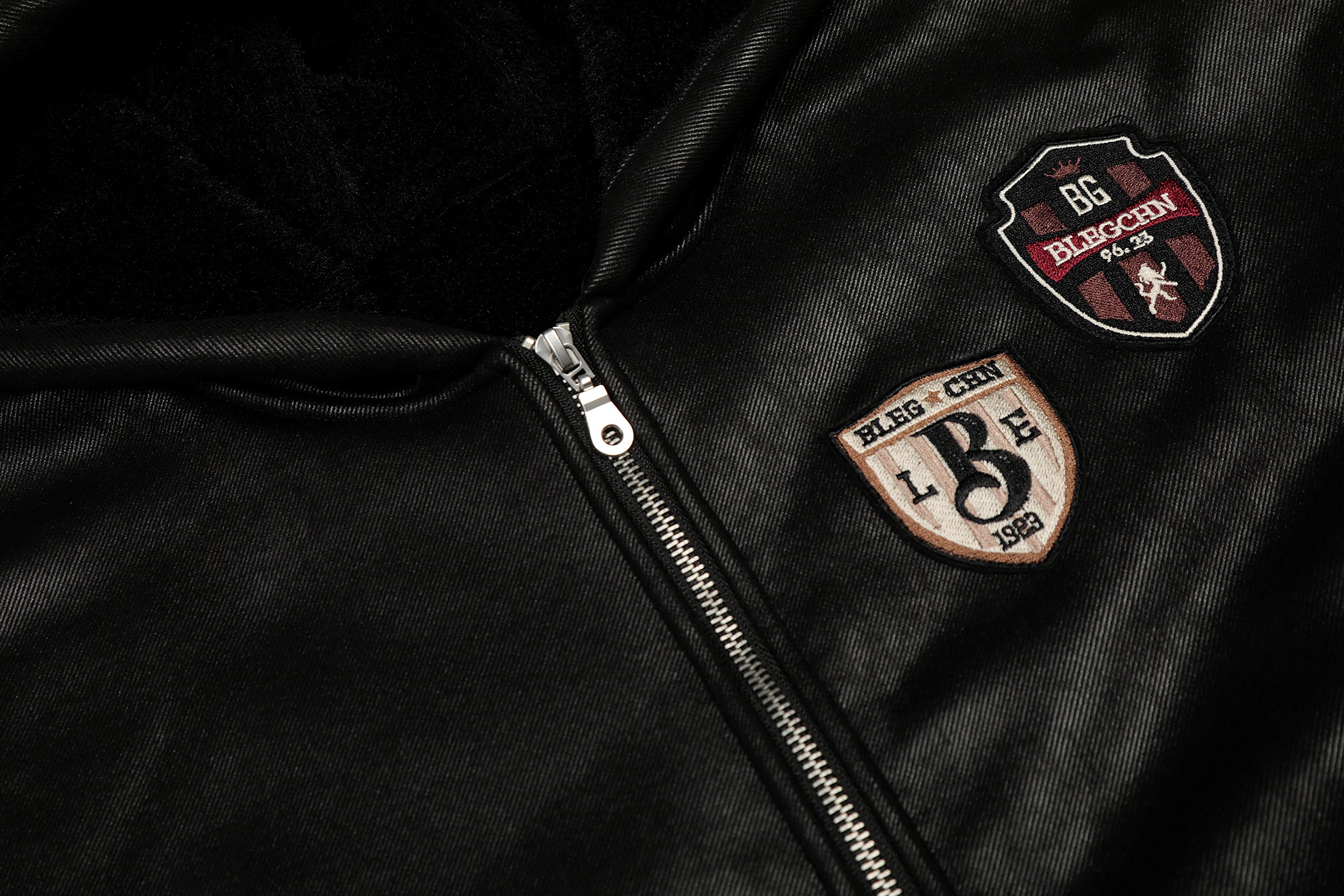 Omirad Badge PU Leather Hooded Varsity Jacket