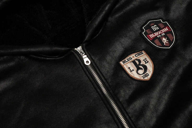 Omirad Badge PU Leather Hooded Varsity Jacket