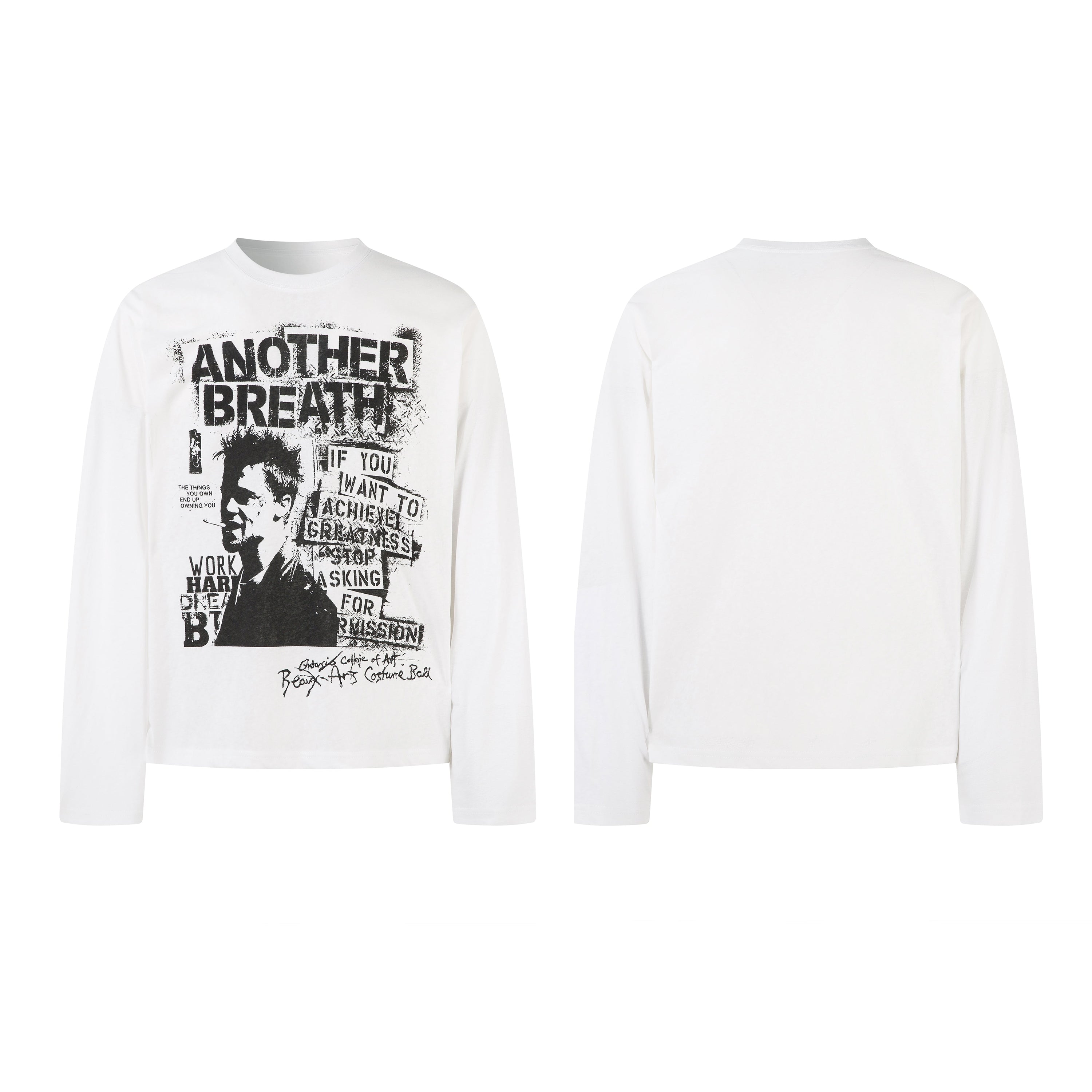 White long sleeve tee with bold black monochrome street art collage graphic print on the front, front and back view