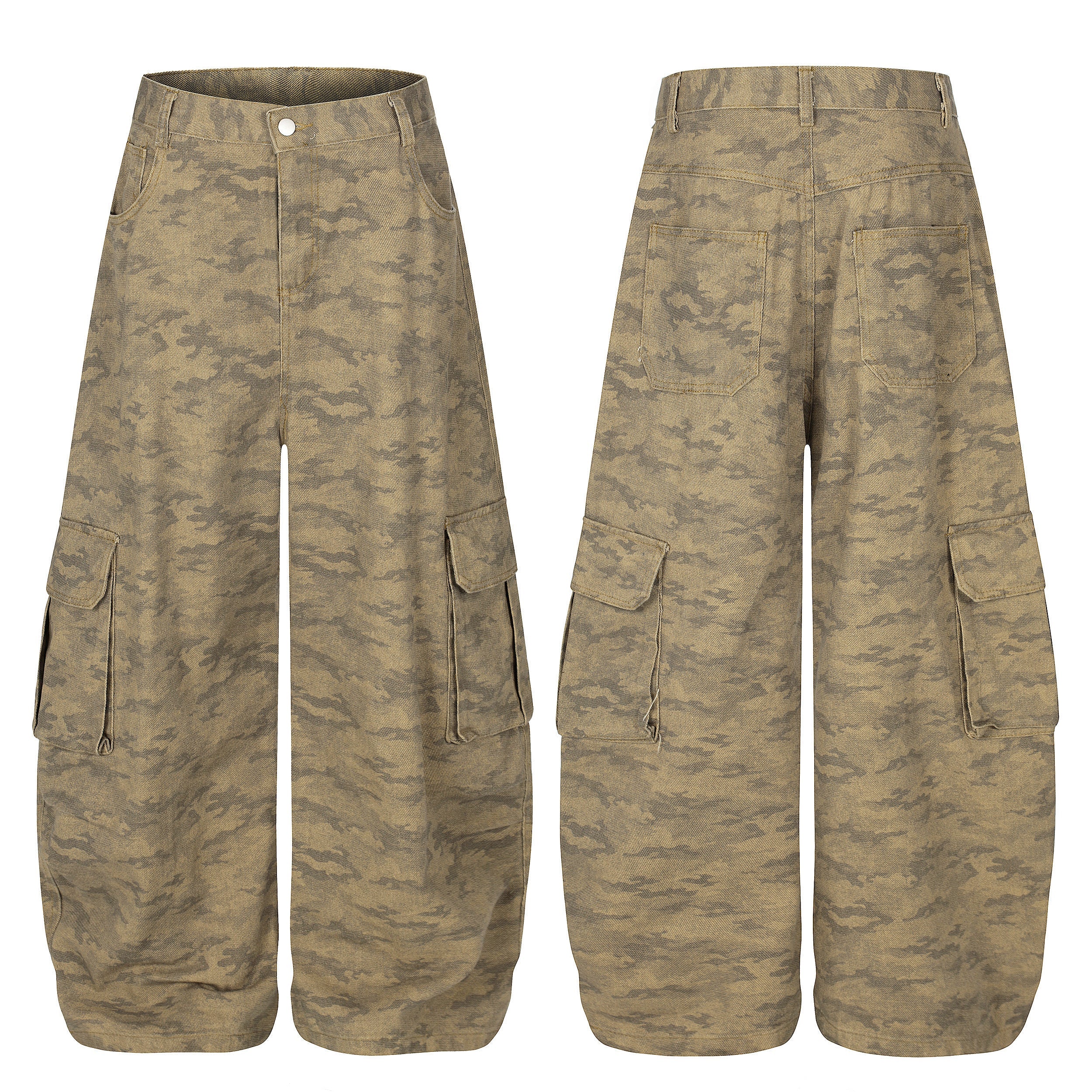 Front and back view of desert camo wide-leg cargo jeans with oversized flap pockets and relaxed fit