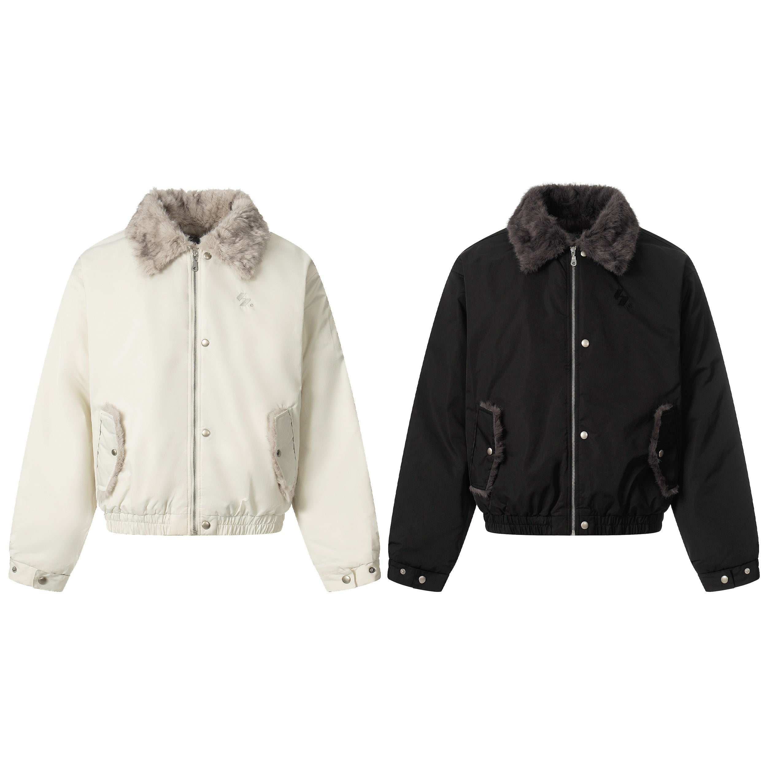 Off-white faux fur collar bomber jacket with snap button details and matching fur pocket trim on a white background