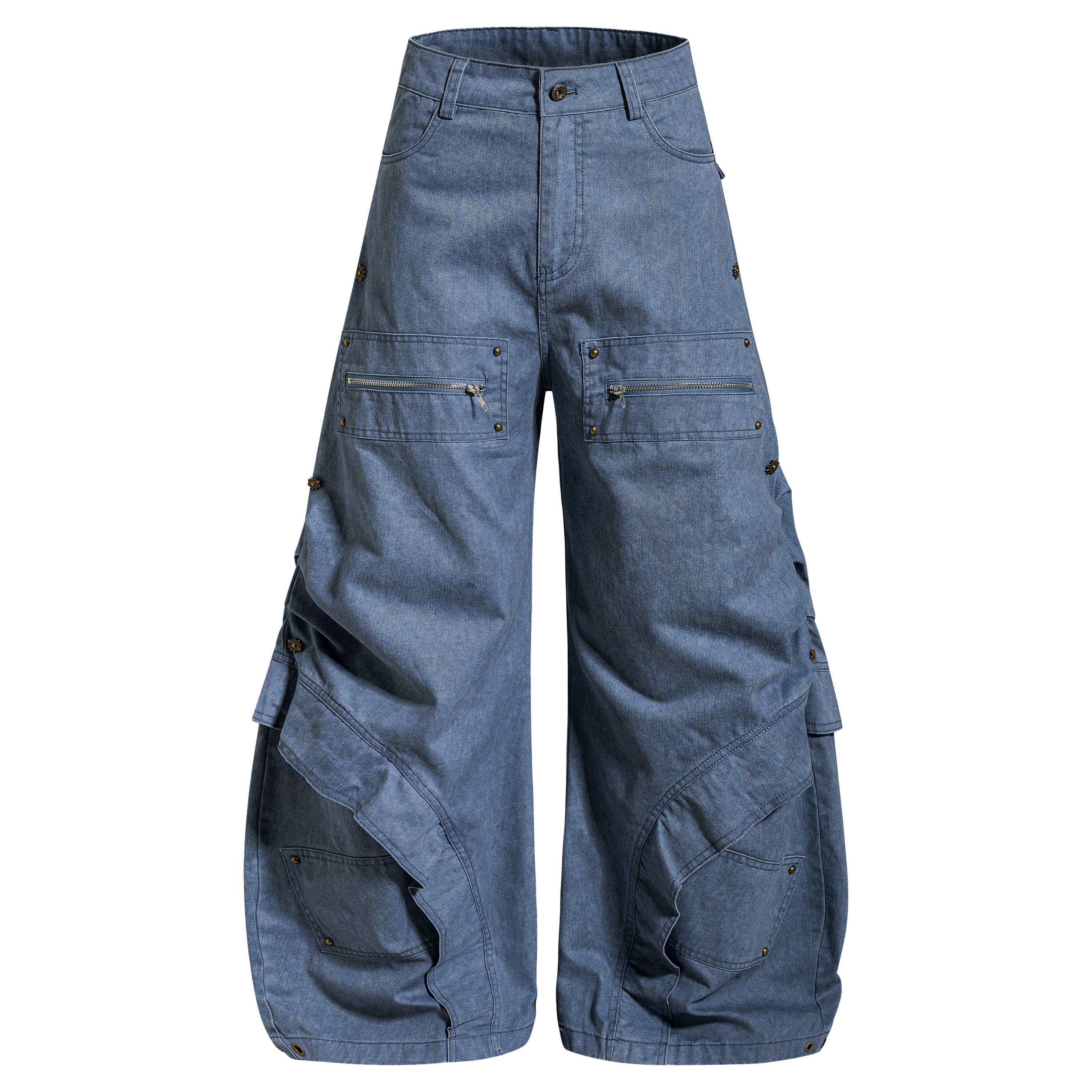 Multi-Zip Panel Cargo Denim Pants | Wide-Leg Streetwear
