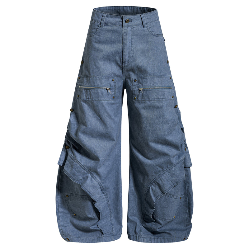 Multi-Zip Panel Cargo Denim Pants | Wide-Leg Streetwear