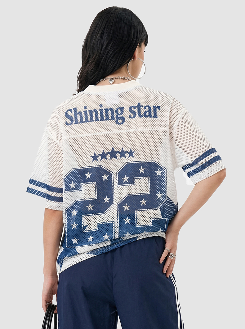 White mesh jersey T-shirt with blue Shining Star 22 graphic and striped sleeves, styled on a model from the back