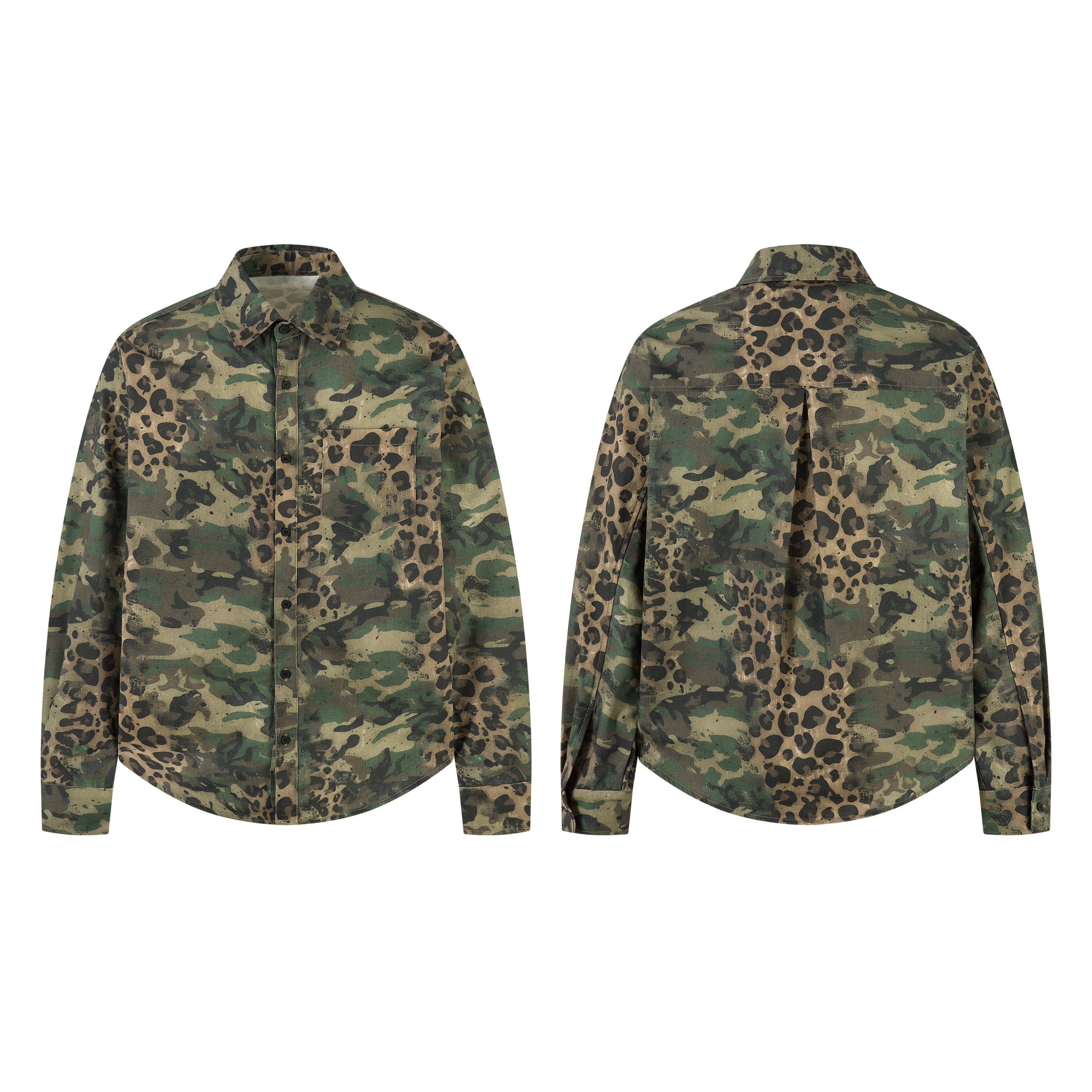 Front and back view of a camo leopard hybrid utility shirt with button-front closure and chest pocket