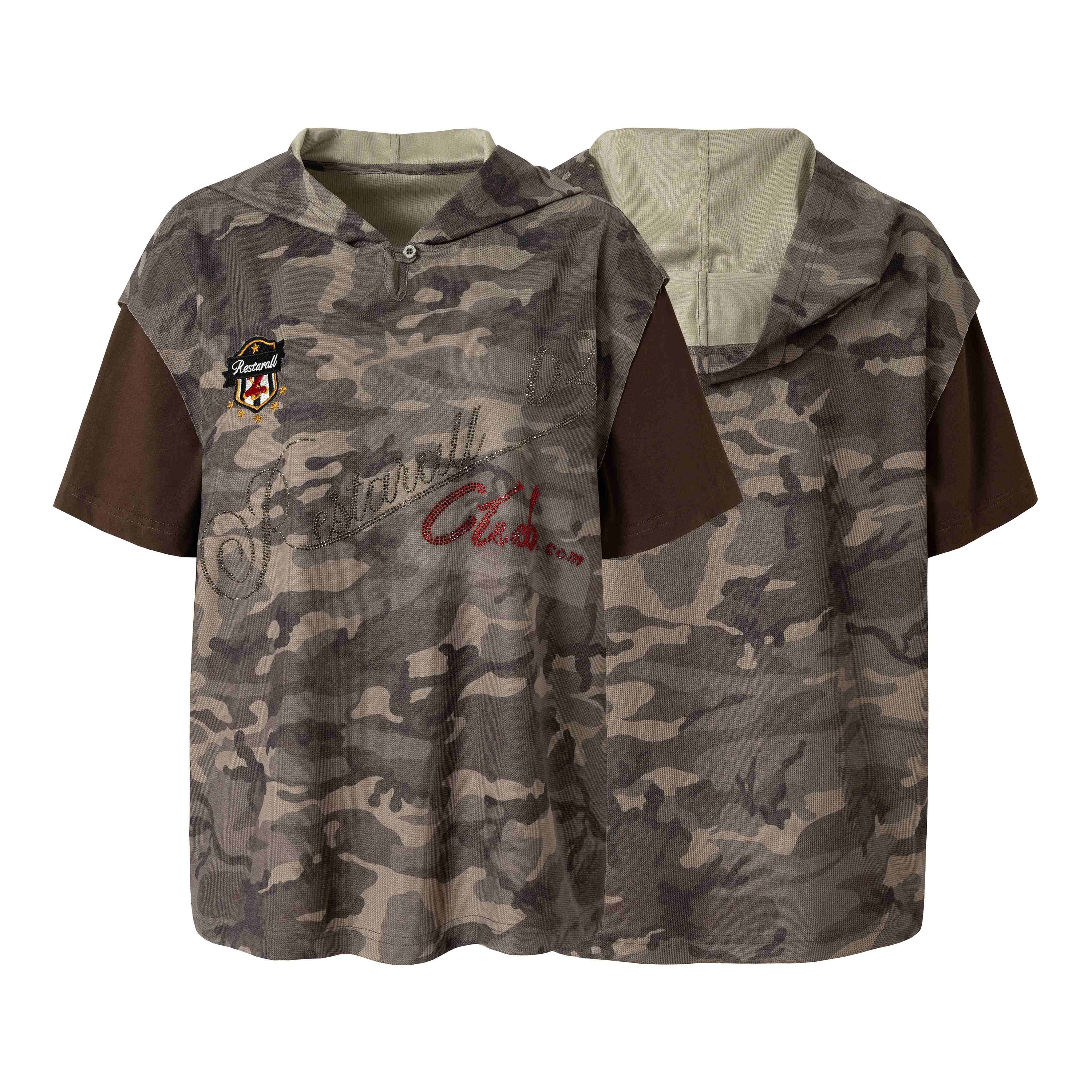 Oversized camo hooded short-sleeve tee with dark brown contrast sleeves and embroidered chest patch, front and back view