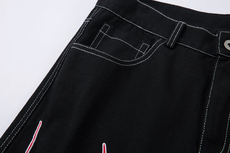 Flame Graphic Wide-Leg Black Denim Jeans | Streetwear
