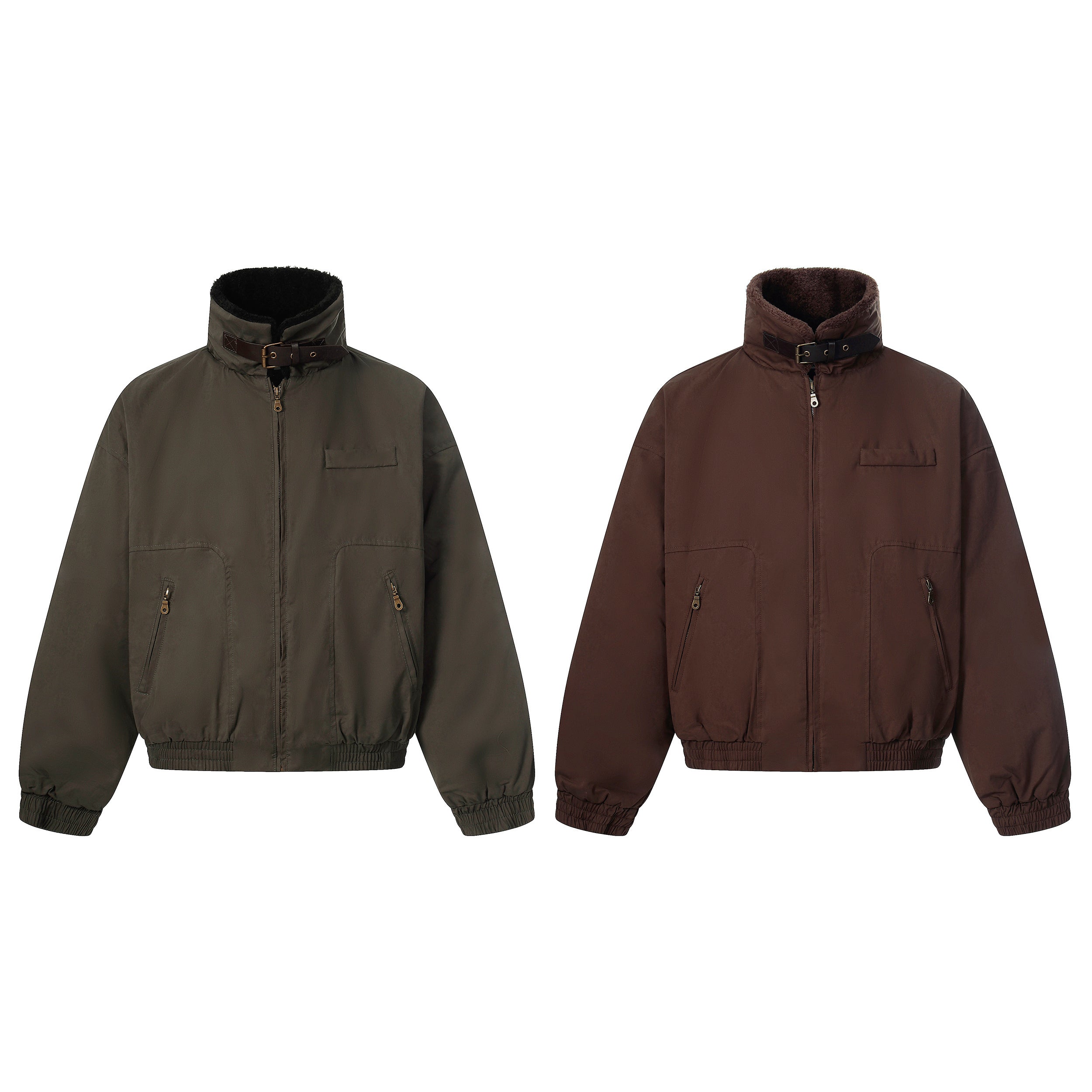 Omirad cotton stand-collar bomber jacket in army green and coffee brown, shown side by side on a white background