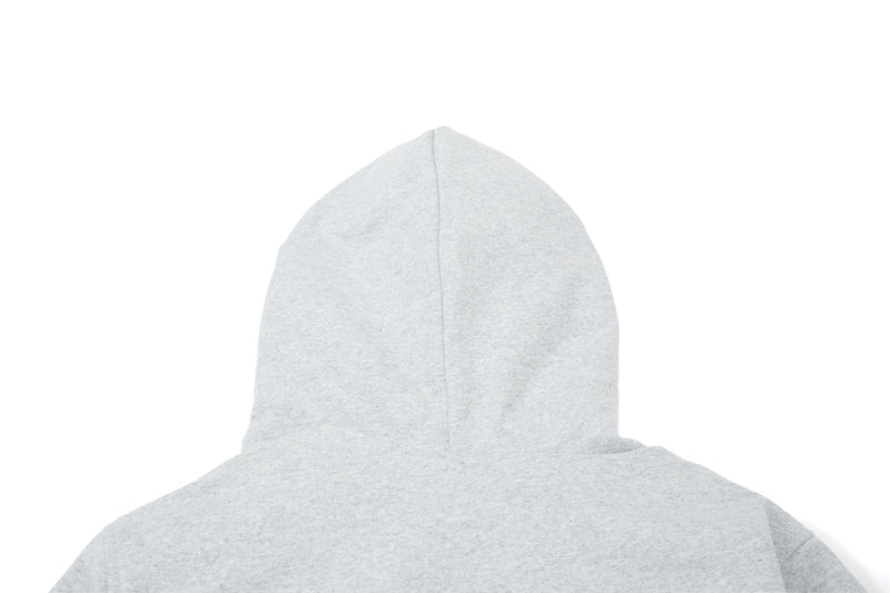 Close-up of light gray hoodie hood back with center seam