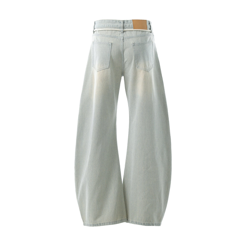 Back view of light wash striped wide-leg denim pants with patch pockets