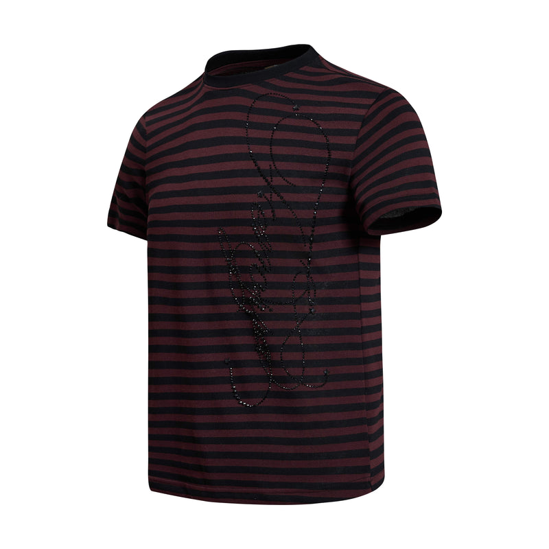 Black and burgundy striped tee with rhinestone gothic script design and short sleeves on a white background