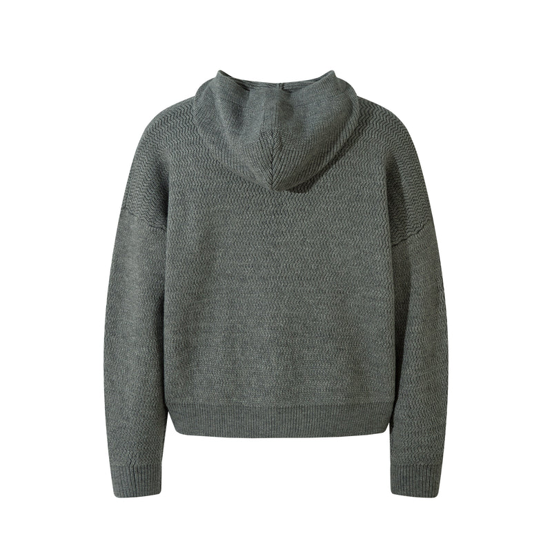 Gray textured knit zip-up hoodie shown front view with ribbed cuffs and hem