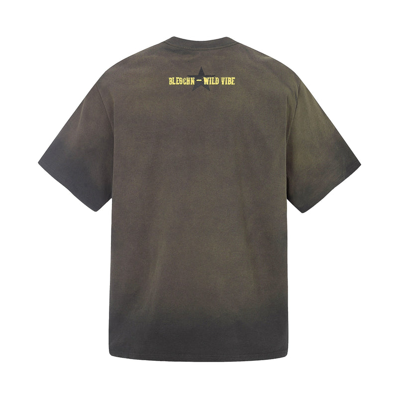 Vintage washed dark brown graphic T-shirt with yellow back text and star detail, shown from the rear on a white background