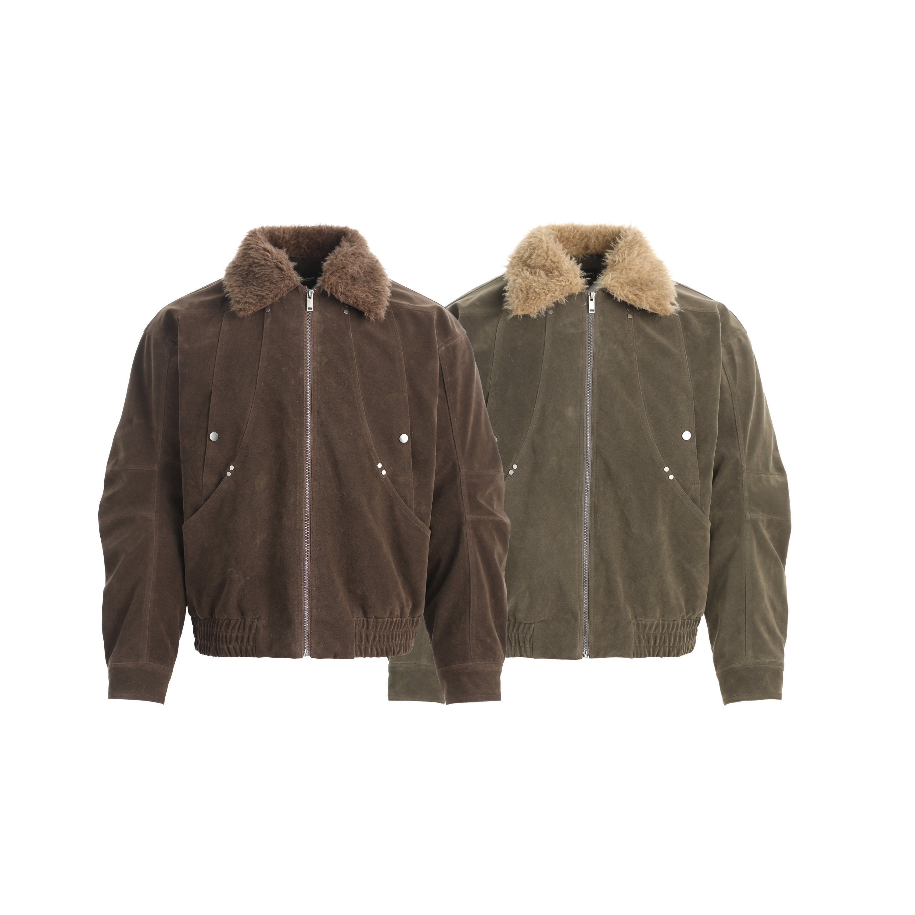 Two faux-fur collar vintage bomber jackets displayed side by side in chocolate brown and olive green colorways