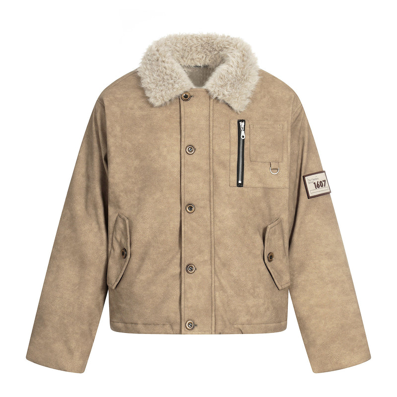 Faux Shearling Collar PU Jacket | Vintage Workwear Style