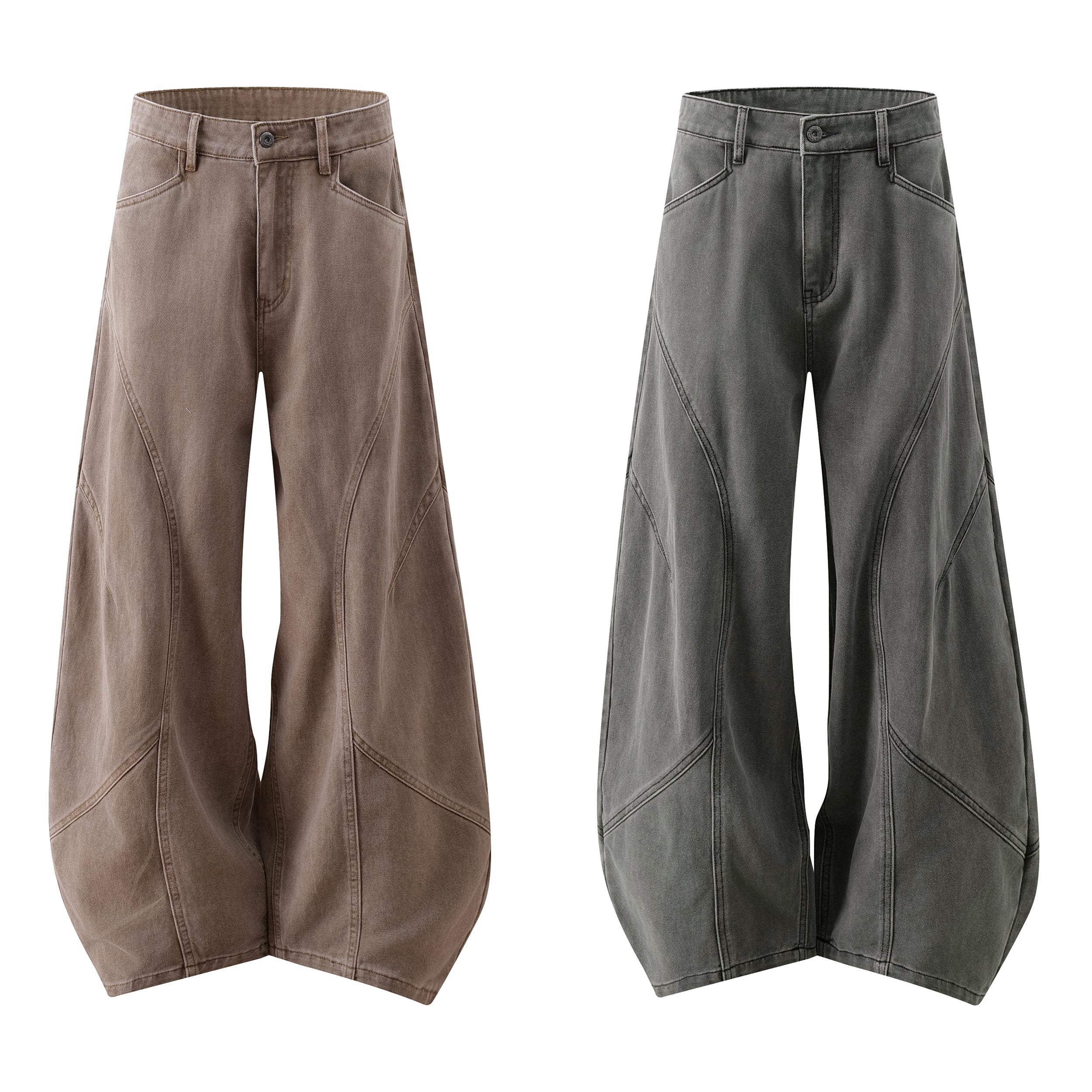 Washed brown and washed grey curved-panel balloon wide-leg jeans displayed side by side on white background