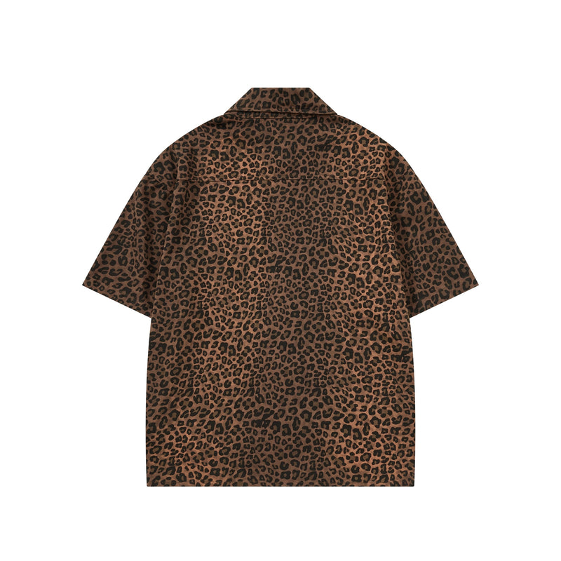 Brown leopard print short sleeve shirt with collar, shown flat against a white background