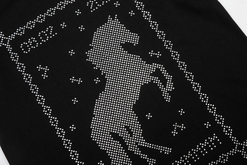 Black T-shirt with a sparkling rhinestone horse graphic and western-style border design