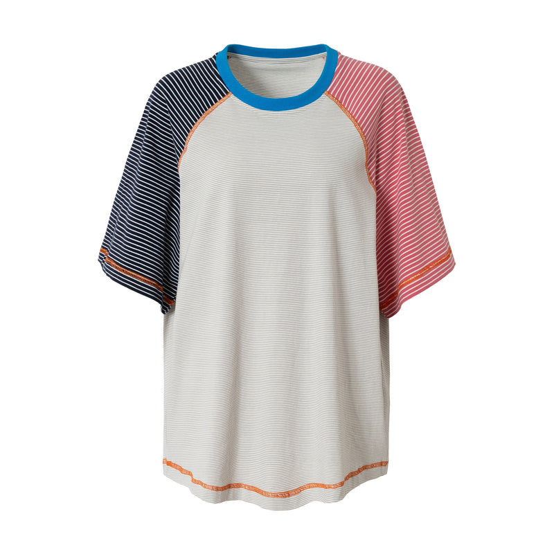 Relaxed fit raglan T-shirt with blue collar, striped color block sleeves, and cream body on white background