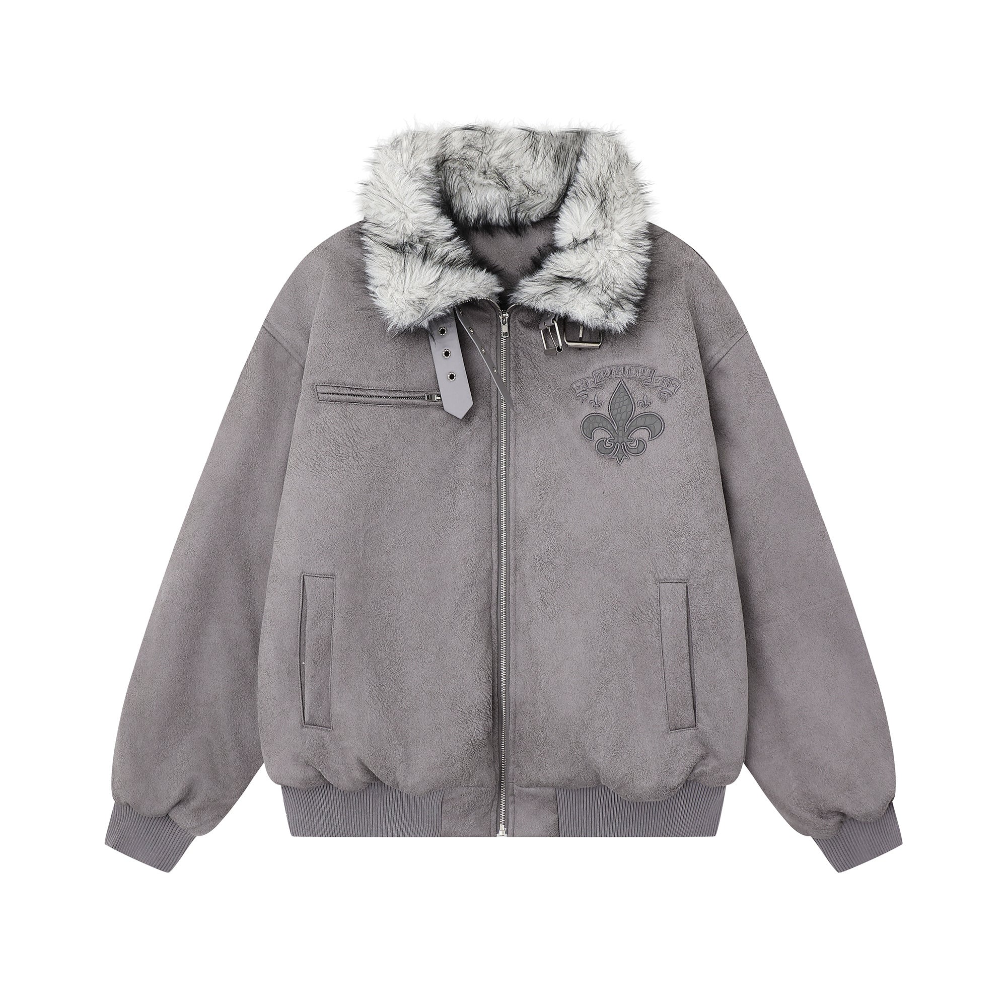 Grey suede-look bomber jacket with faux fur collar, double buckle neck strap, chest zip pocket, and fleur-de-lis emblem