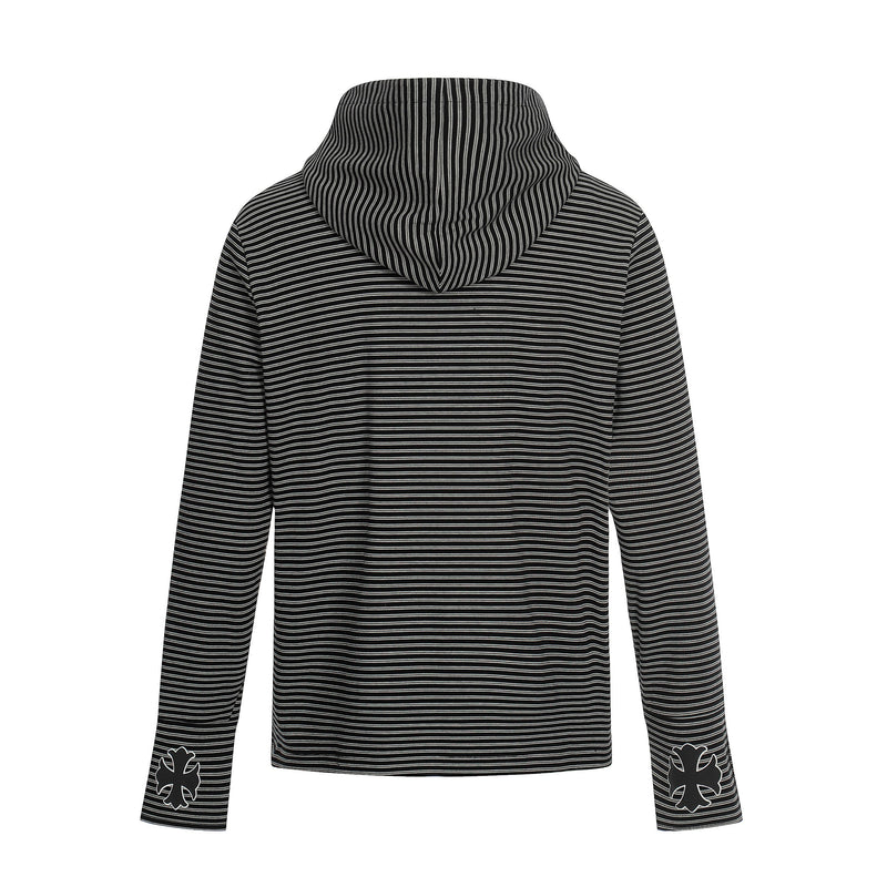 Back view of black striped zip hoodie with hood and small white cuff graphic