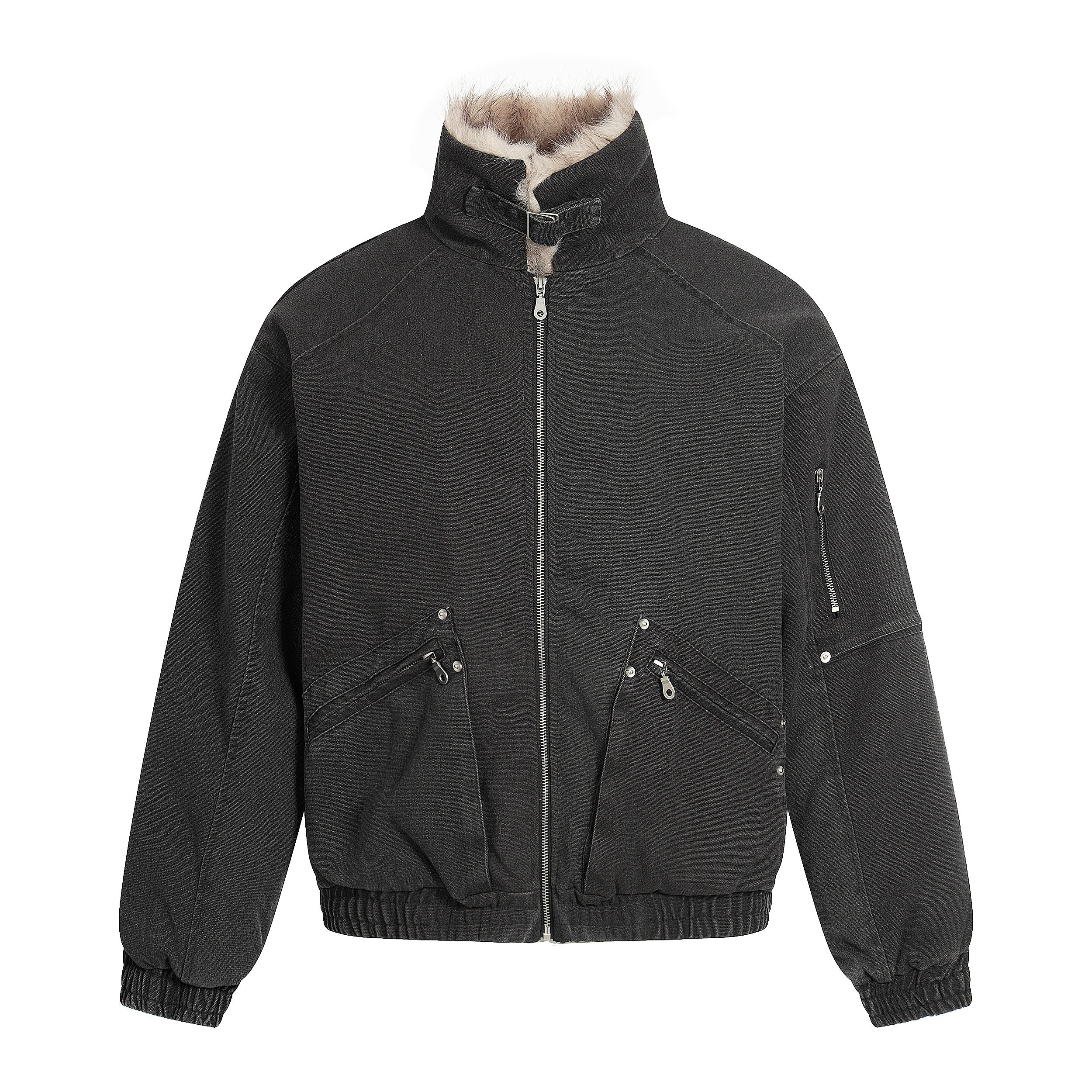 Fleece-Lined Utility Bomber Jacket | Faux-Fur Collar