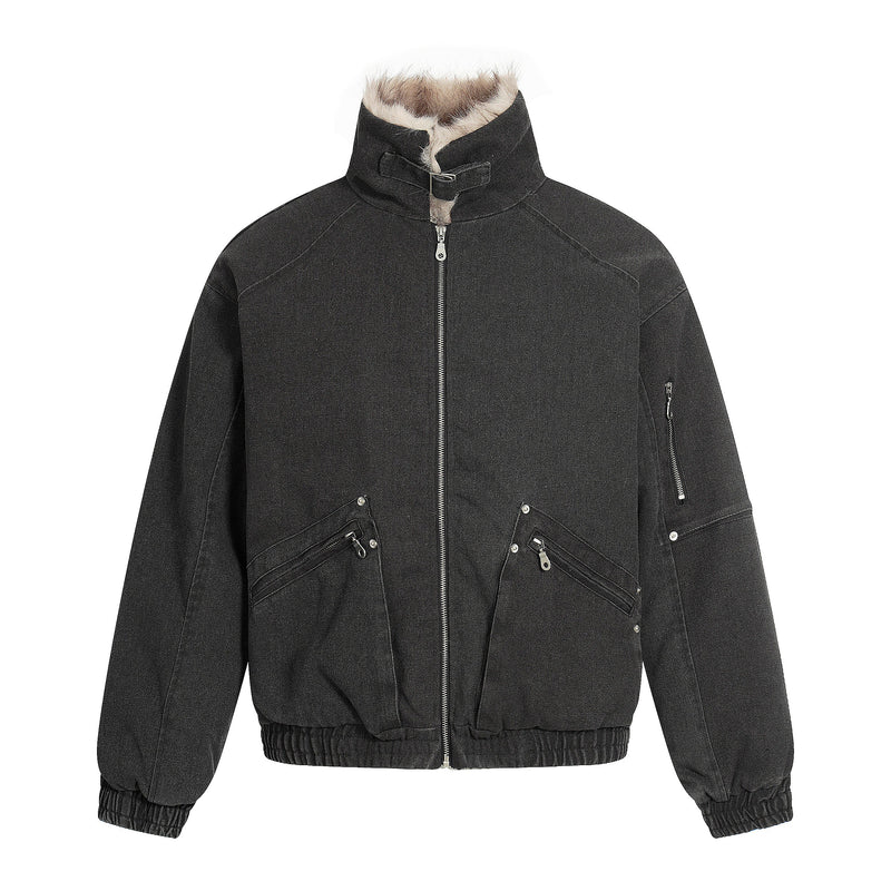 Fleece-Lined Utility Bomber Jacket | Faux-Fur Collar