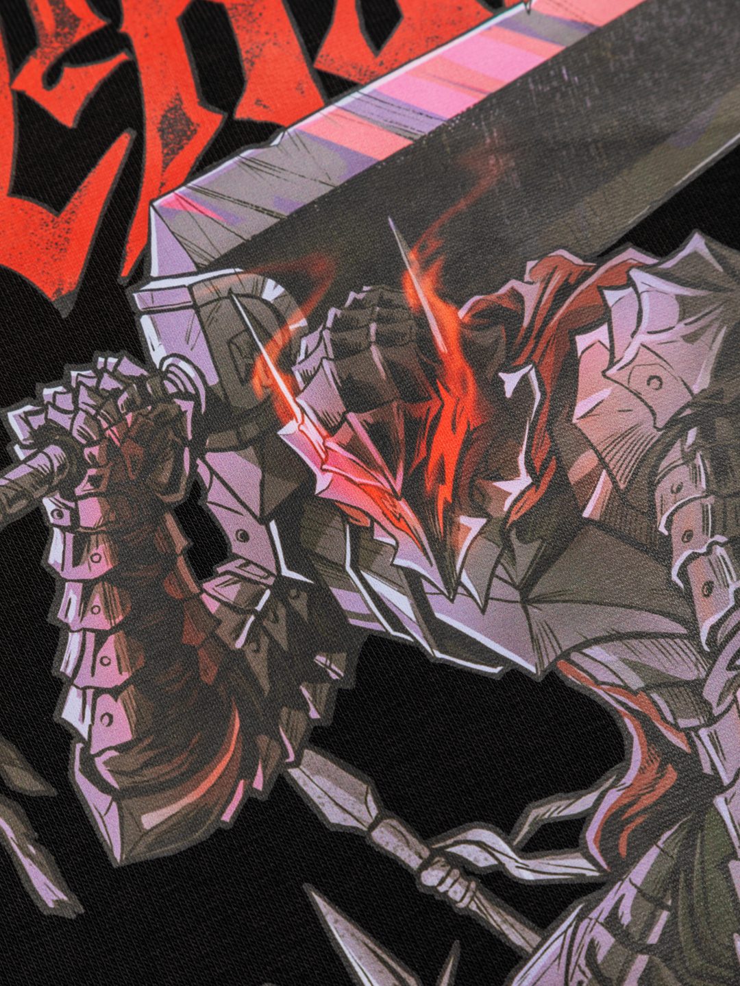 Illustration of a dark-energy armored warrior in a horned helmet and large sword on the shadowy and red-accented Berserk Guts Anime Hoodie. The sharp, angular armor with red glowing eyes adds intensity, embodying the dynamic style of high-quality anime apparel by Berserk.