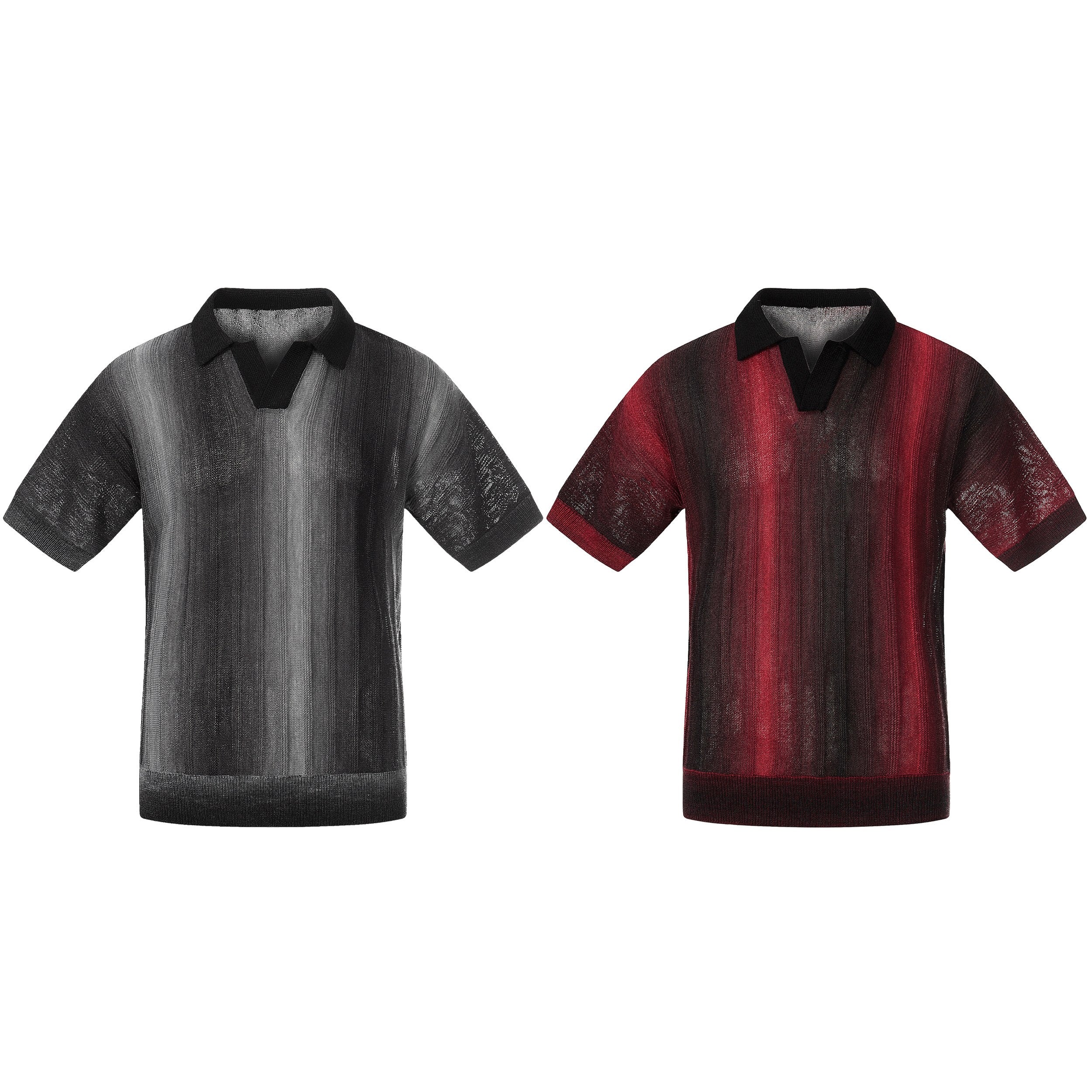 Men's black gradient open-knit polo shirt with vertical stripe pattern, polo collar, and ribbed hem, shown flat on white back