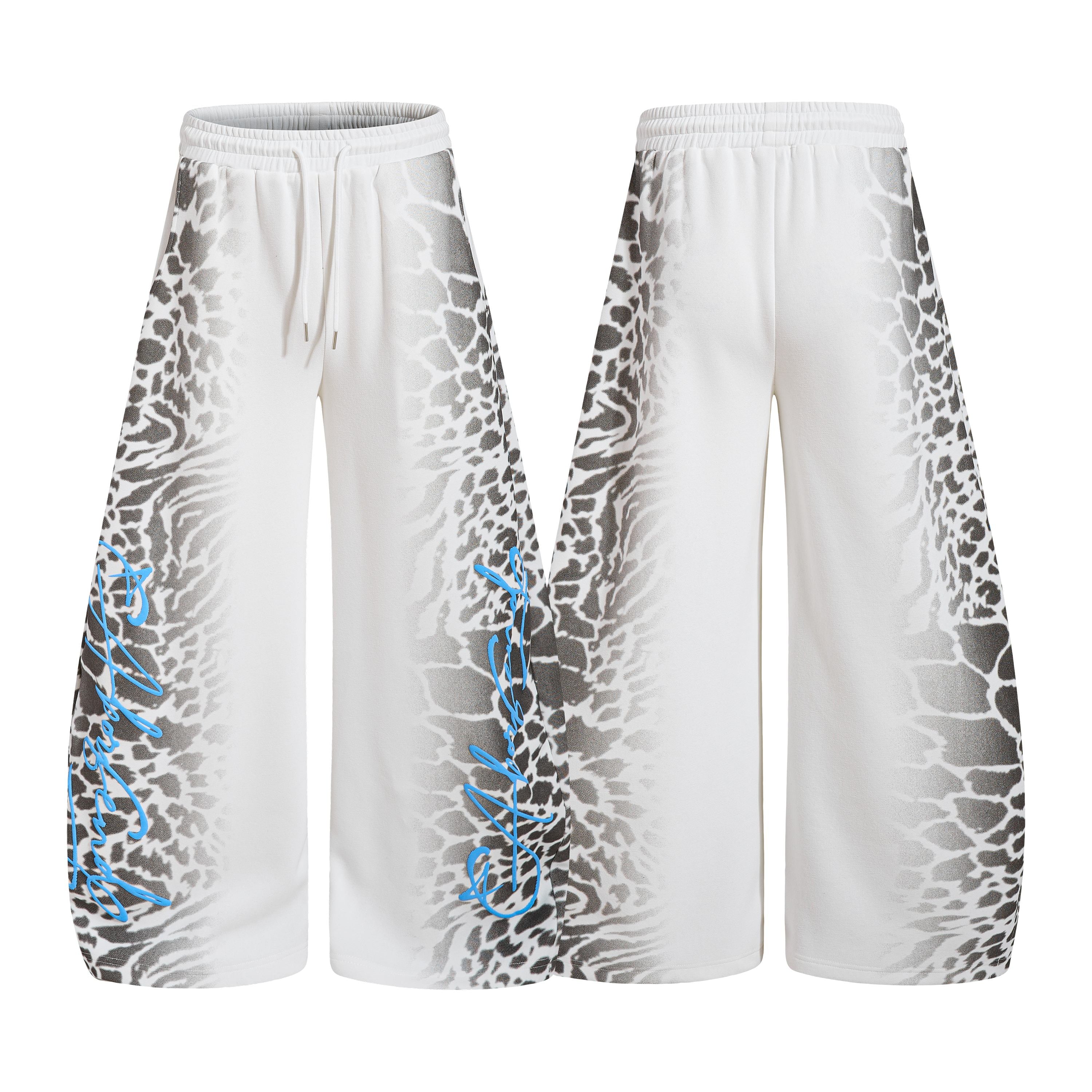 White wide-leg sweatpants with faded leopard side print and blue script graphics, shown front and back
